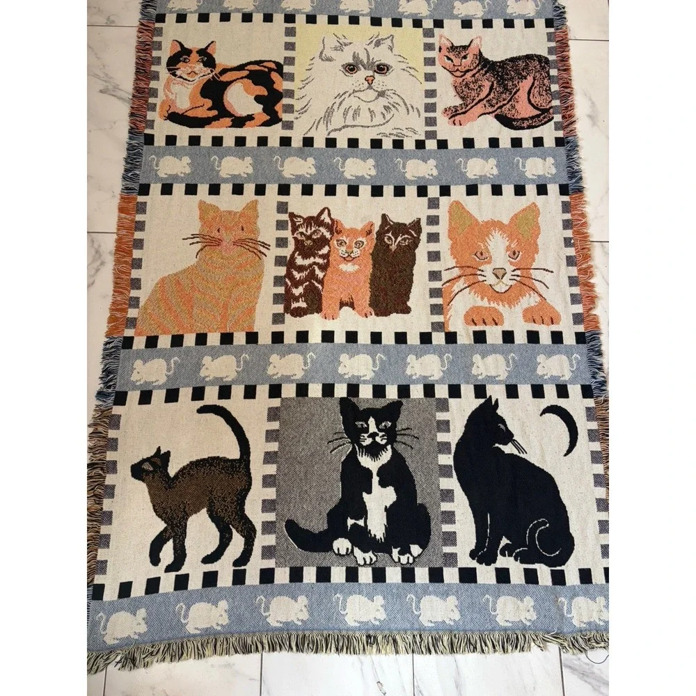 Vtg Cat Tapestry Throw Blanket Woven Fringed Checkerboard Window Kittens